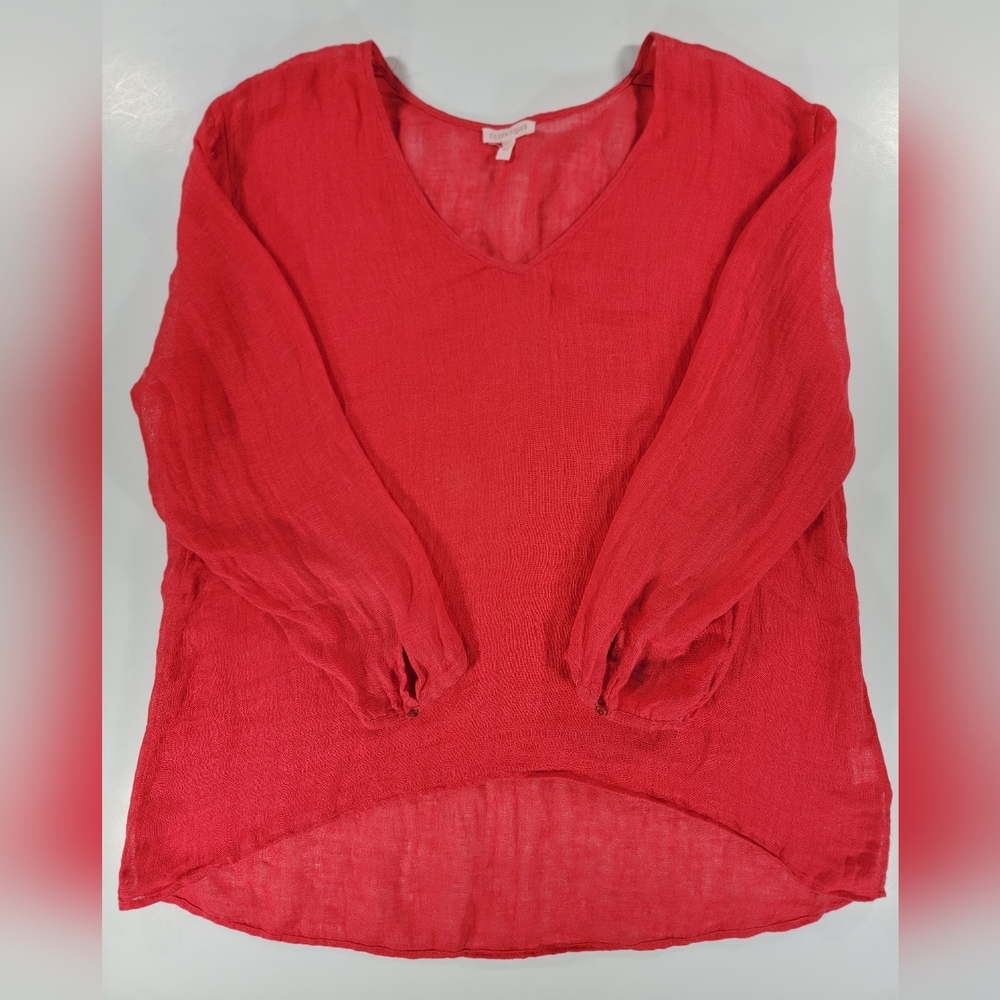 Eileen Fisher Linen Oversized Pullover Womens Large Coral Pink Shirt 3/4 Sleeve